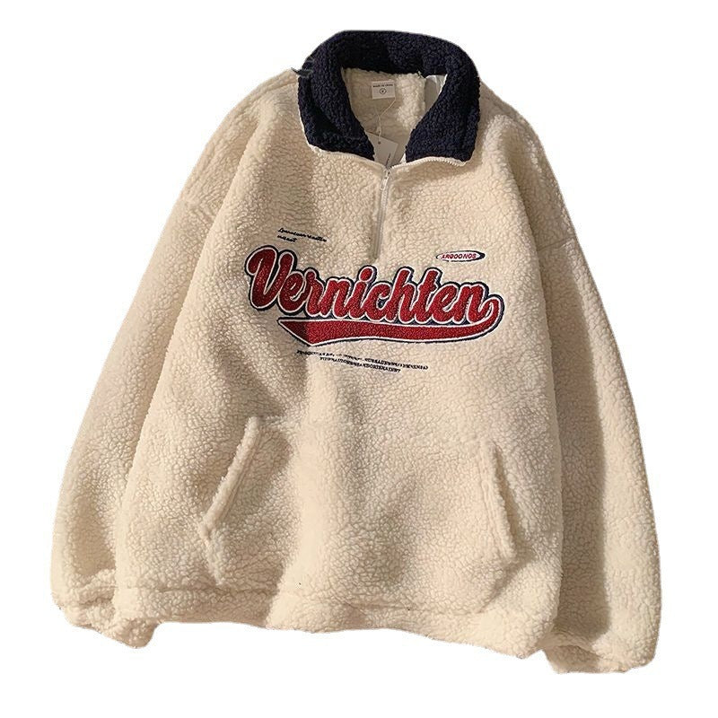Retro Embroidered Half Zip Cashmere Hoodie - Vintage Lapel Collar Pullover