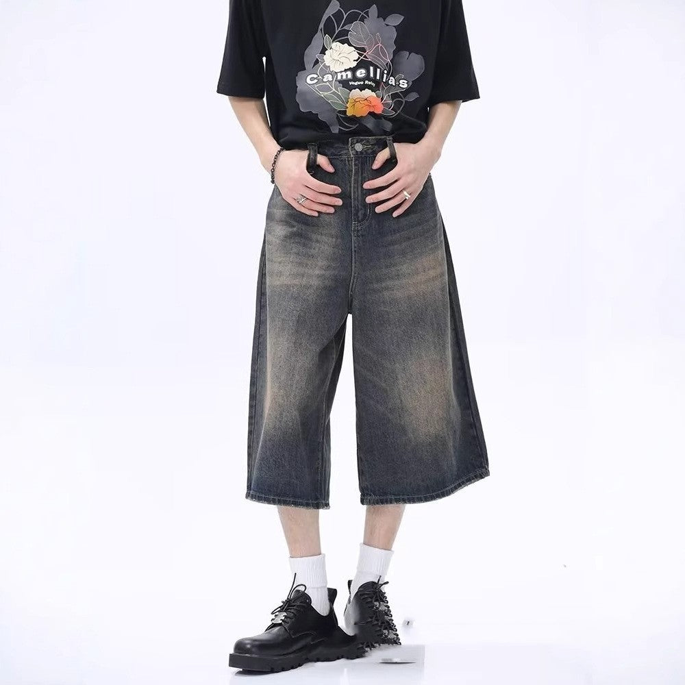 Distressed Straight-leg Denim Middle Pants Men