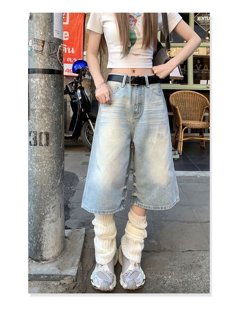 Women's Washed Light-colored Loose Wide-leg Cropped Denim Shorts