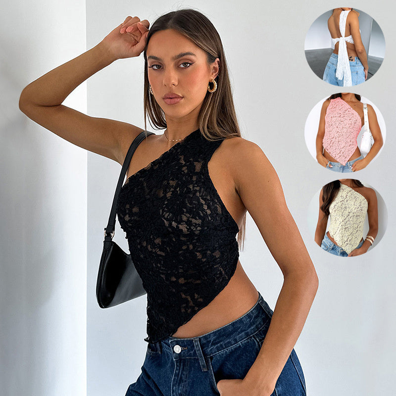 Lace Backless Asymmetrical Neck Top - Summer Streetwear Vest