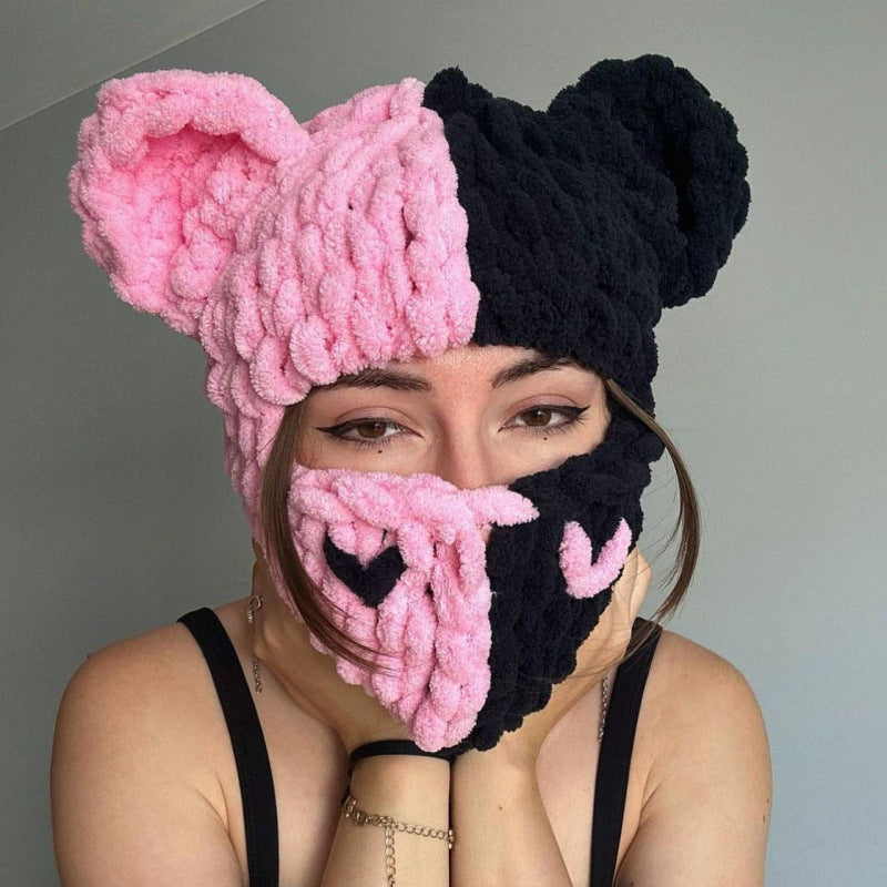Handmade Knitted Color Matching Sweet Cool Bear Ear Wool Mask Beanie