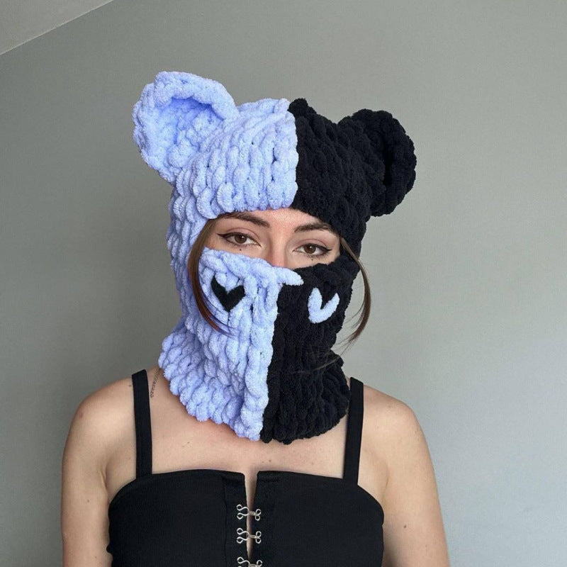 Handmade Knitted Color Matching Sweet Cool Bear Ear Wool Mask Beanie