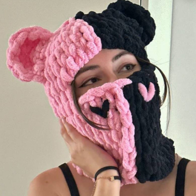 Handmade Knitted Color Matching Sweet Cool Bear Ear Wool Mask Beanie