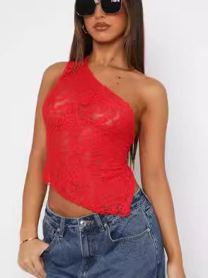 Lace Backless Asymmetrical Neck Top - Summer Streetwear Vest