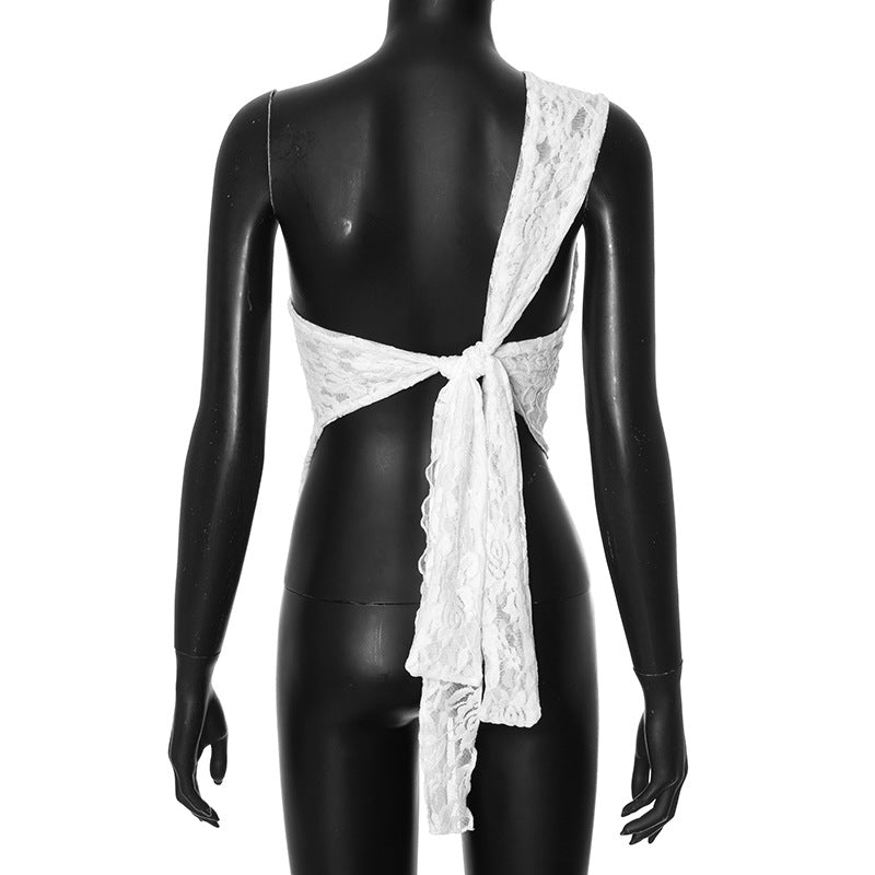 Lace Backless Asymmetrical Neck Top - Summer Streetwear Vest