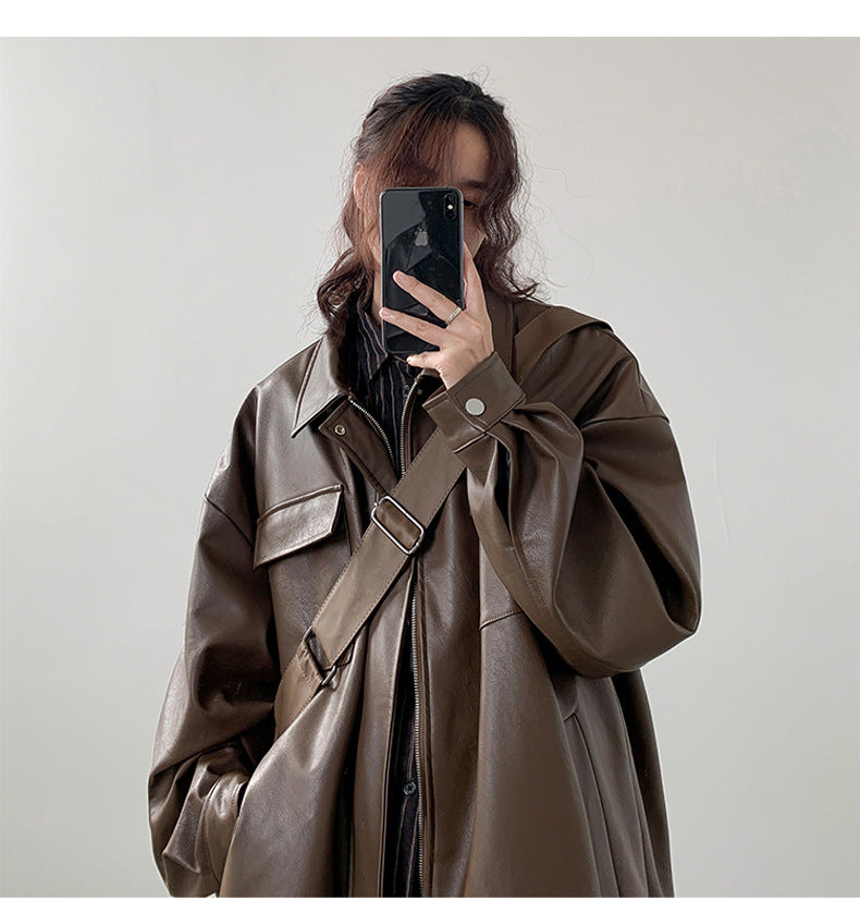 Japanese Loose Fit Leather Jacket - Men's Spring Autumn Casual Streetwear