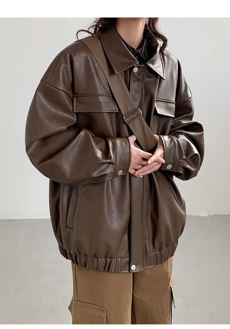 Japanese Loose Fit Leather Jacket - Men's Spring Autumn Casual Streetwear