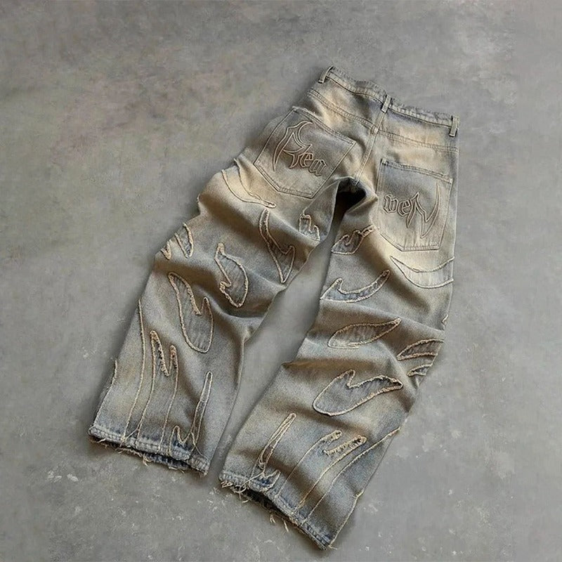 Retro Bat Pattern Lazy Embroidered Loose Jeans