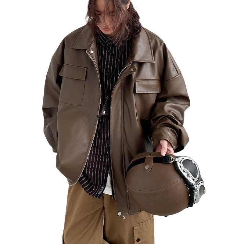Japanese Loose Fit Leather Jacket - Men's Spring Autumn Casual Streetwear