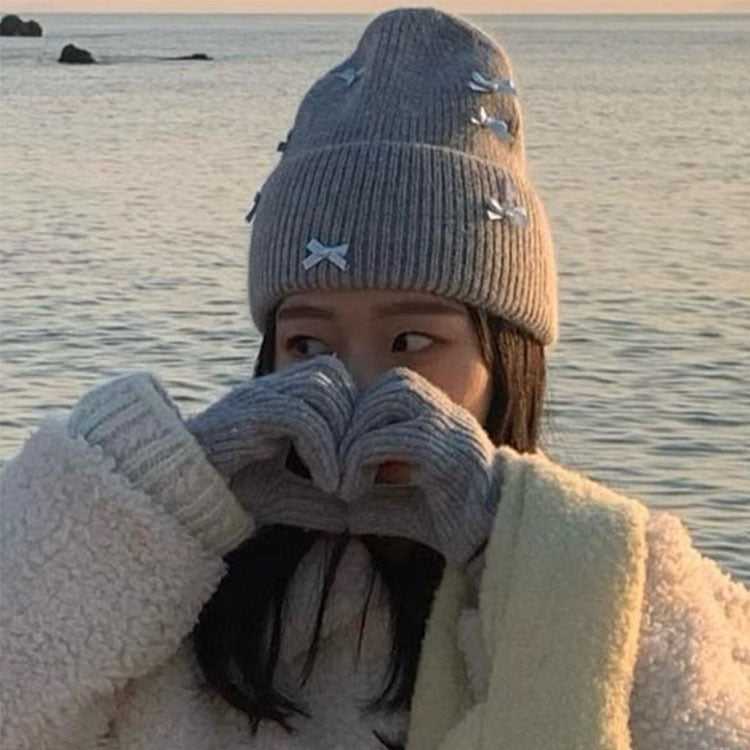 Women's Cute Bow Ribbon Rabbit Fur Knitted Hat