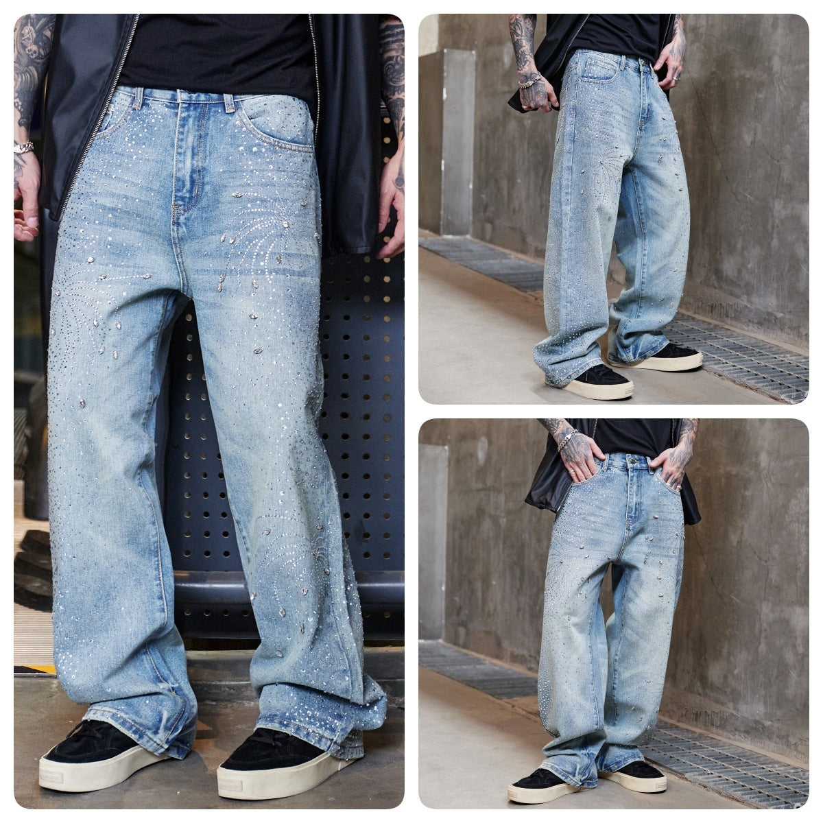 Men's High Street Washed Straight Full Diamond Design Jeans