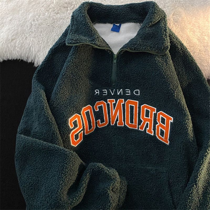 Retro Embroidered Half Zip Cashmere Hoodie - Vintage Lapel Collar Pullover