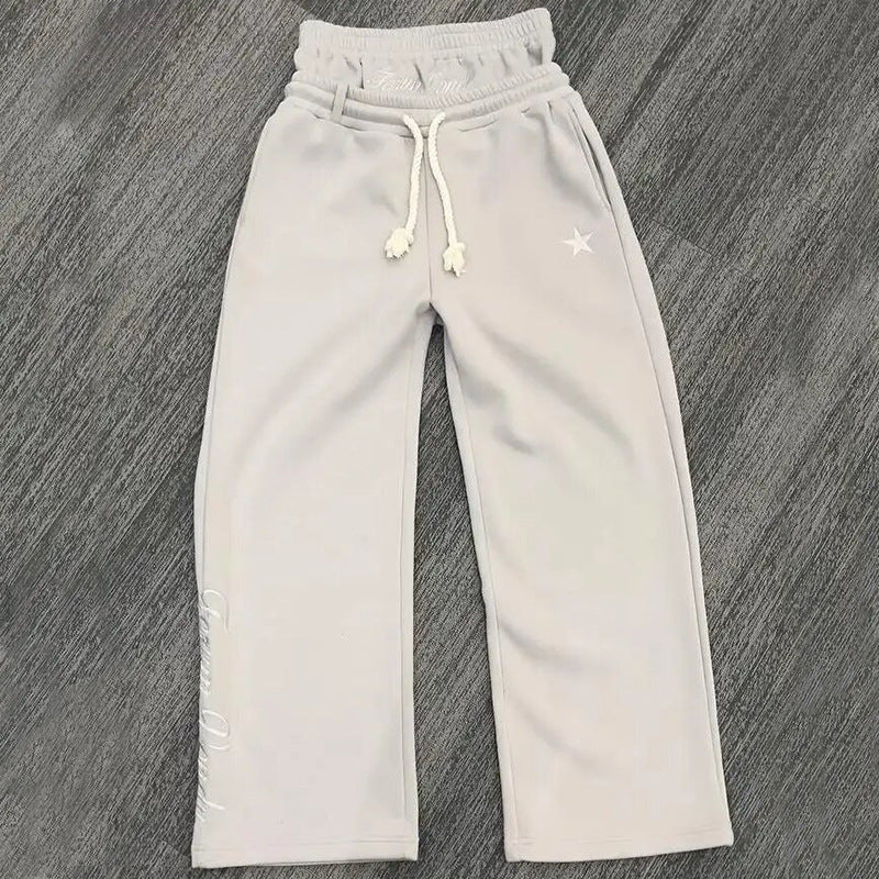 Loose Drawstring Sweatpants - Embroidered Two-Tone Design