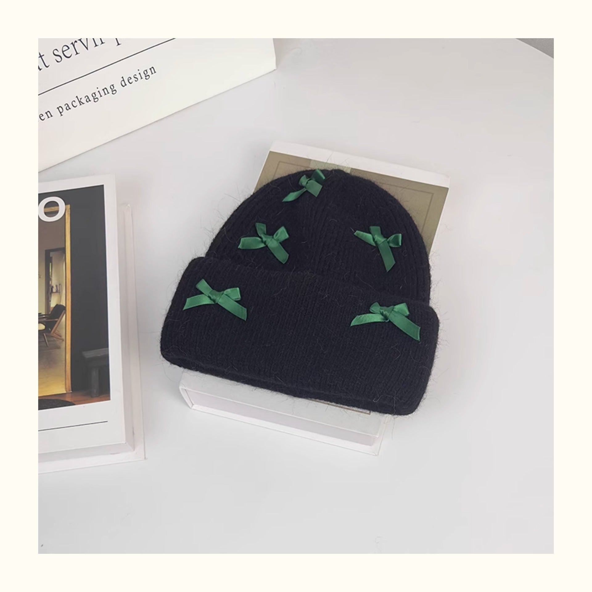 Women's Cute Bow Ribbon Rabbit Fur Knitted Hat