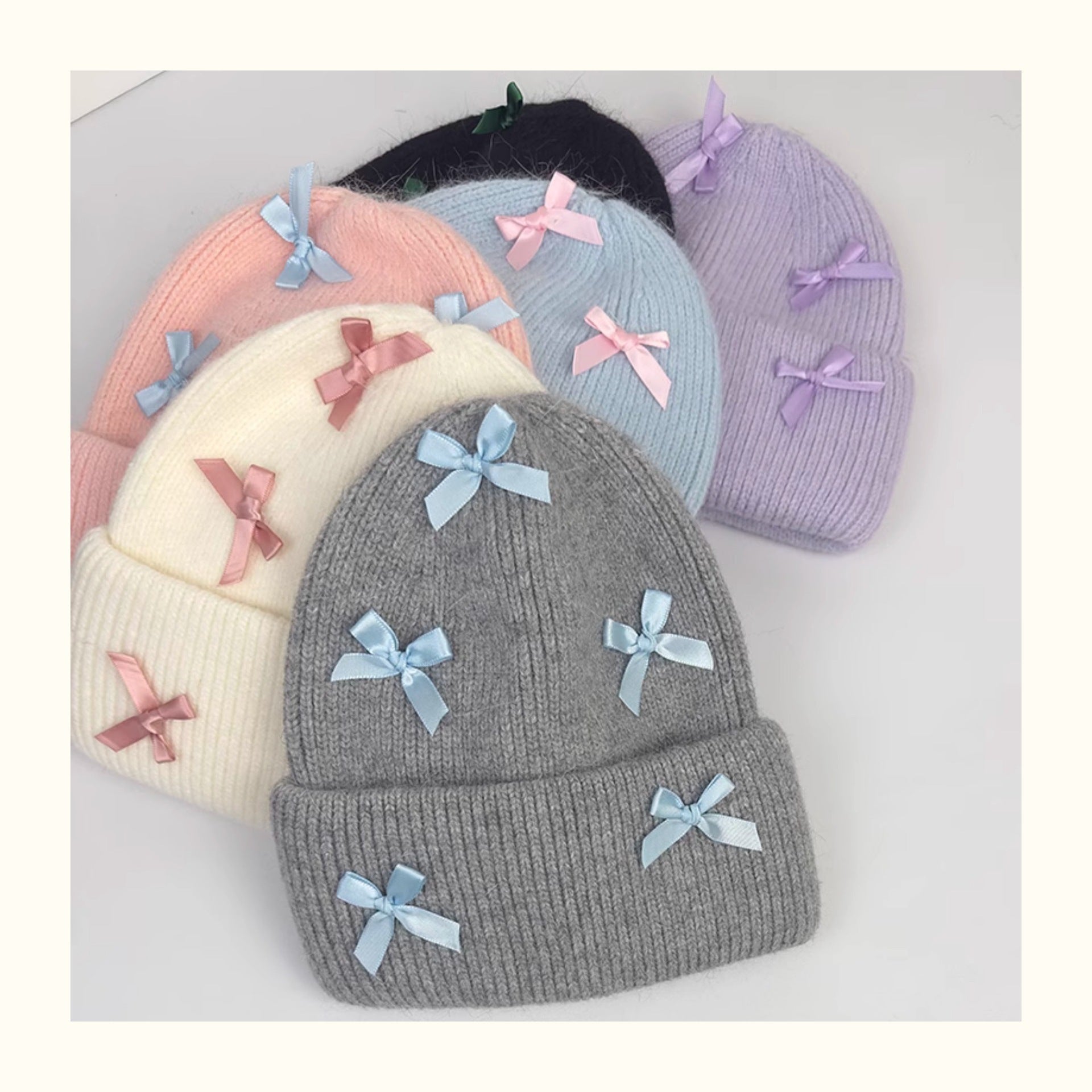 Women's Cute Bow Ribbon Rabbit Fur Knitted Hat