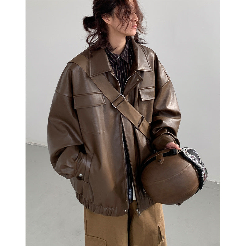 Japanese Loose Fit Leather Jacket - Men's Spring Autumn Casual Streetwear