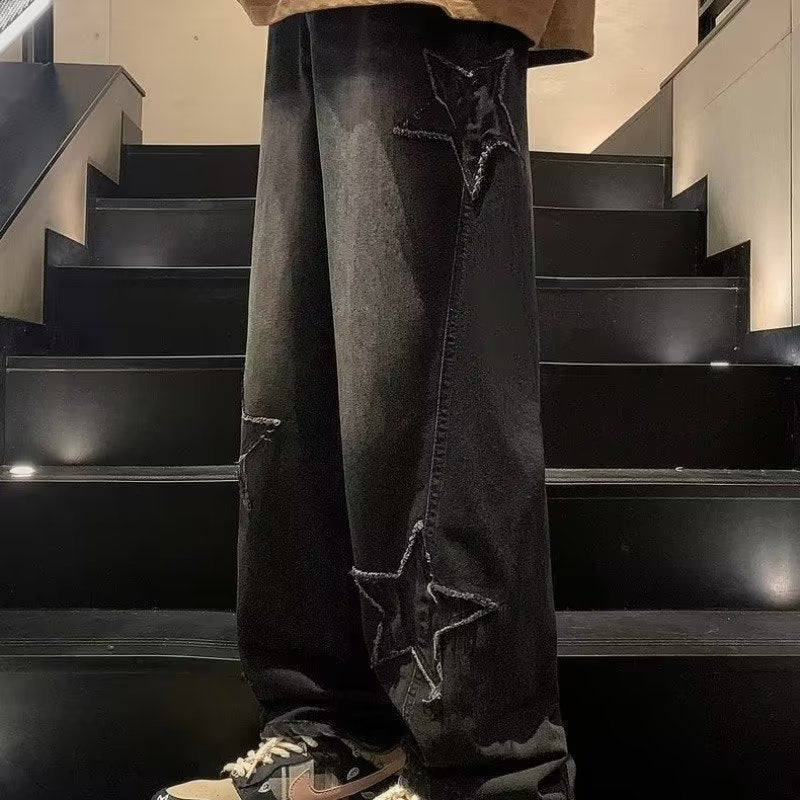 Gothic Star Embroidery Wide Leg Jeans - Men's Y2K Streetwear Denim Trousers