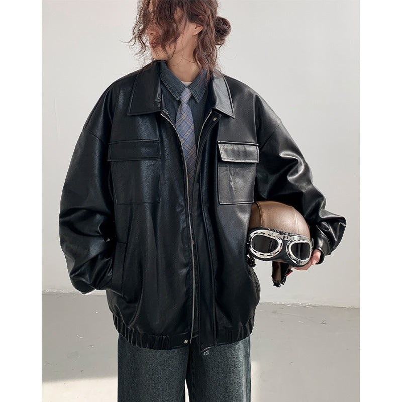 Japanese Loose Fit Leather Jacket - Men's Spring Autumn Casual Streetwear