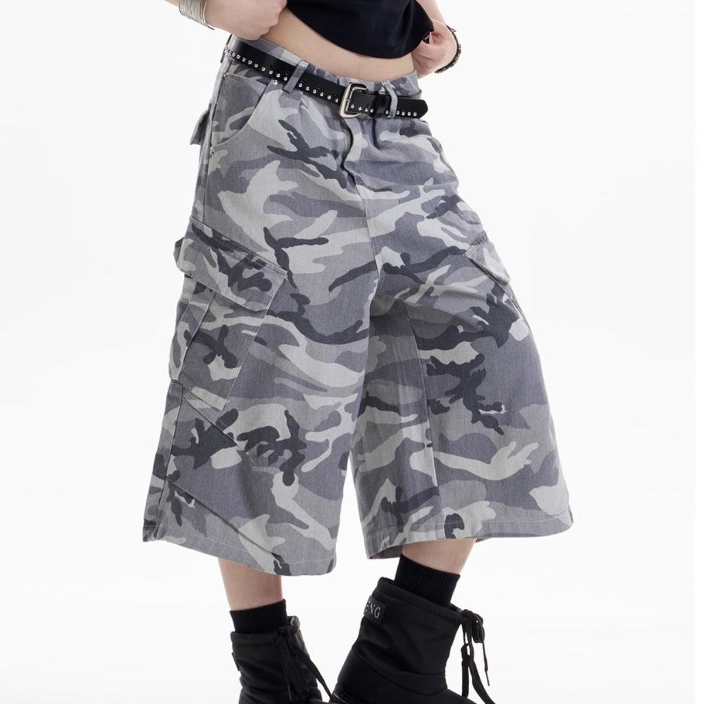 Retro Camouflage Workwear Cropped Pants For Women Wide-leg Casual Pants