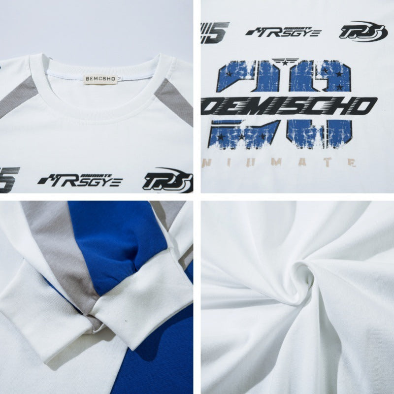 Racing Suit Locomotive Style Printing Color Contrast Long Sleeve T-shirt