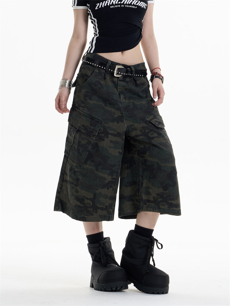 Retro Camouflage Workwear Cropped Pants For Women Wide-leg Casual Pants