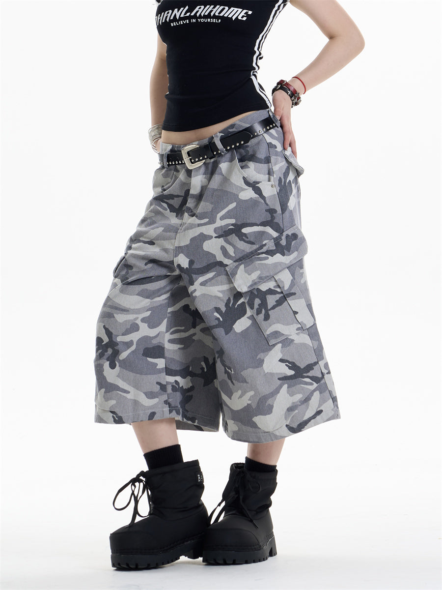 Retro Camouflage Workwear Cropped Pants For Women Wide-leg Casual Pants