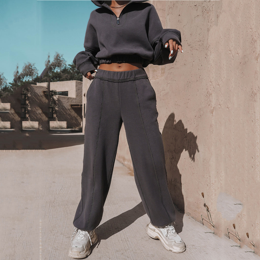 Turtleneck Zip Sweatshirt & Straight Leg Pants Set - Casual Loungewear