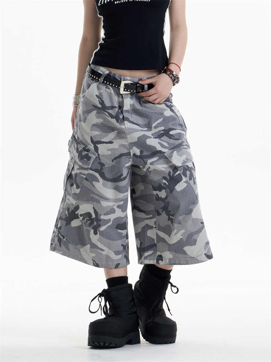 Retro Camouflage Workwear Cropped Pants For Women Wide-leg Casual Pants