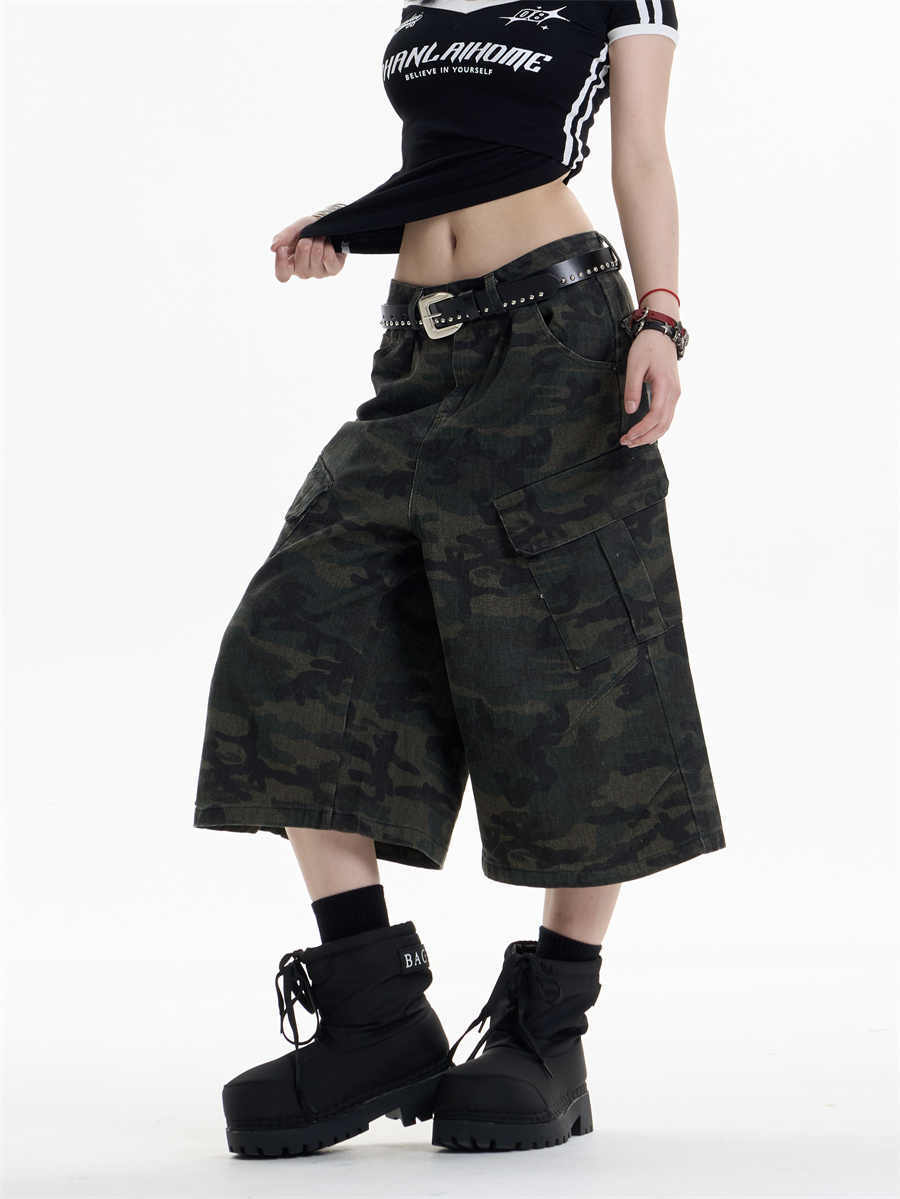 Retro Camouflage Workwear Cropped Pants For Women Wide-leg Casual Pants