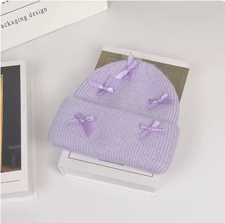 Women's Cute Bow Ribbon Rabbit Fur Knitted Hat