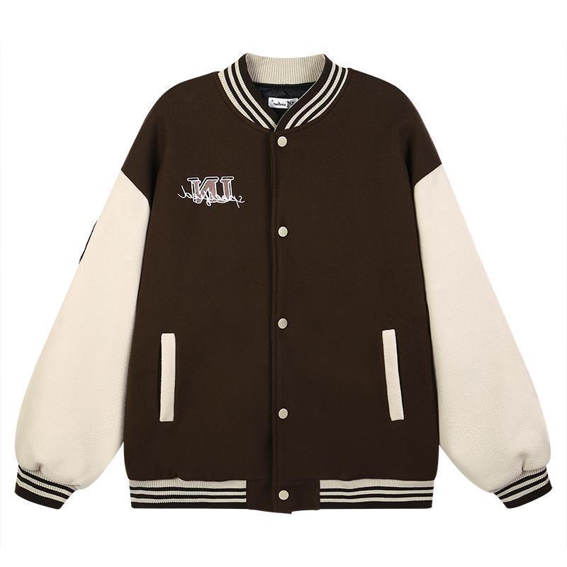 Brown and beige varsity jacket with a logo on a white background