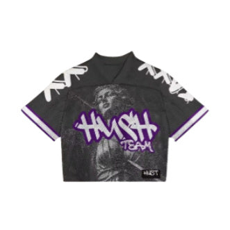 Black t-shirt with purple and white text on a white background