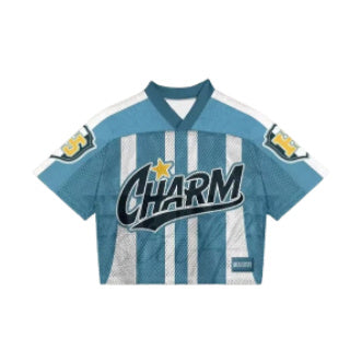 Blue and white striped shirt with 'Charm' logo on a white background