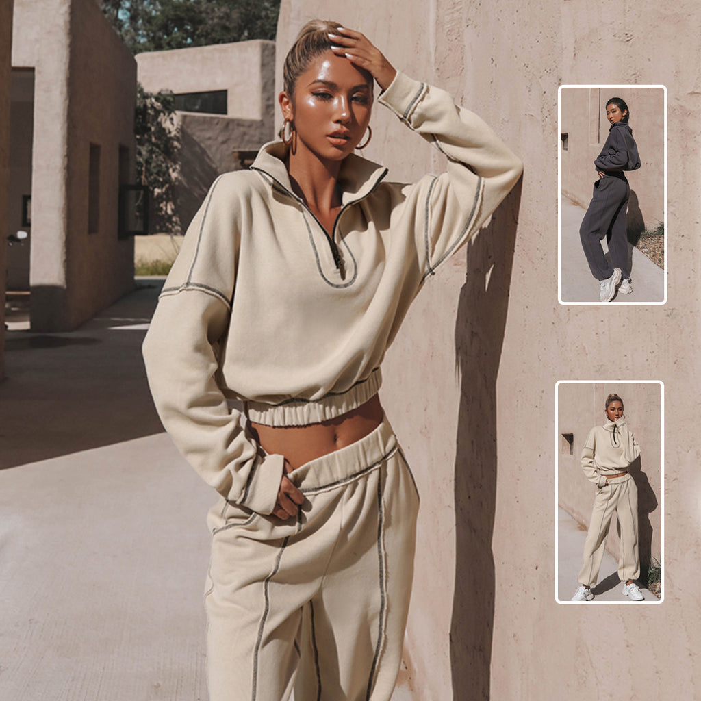 Woman in beige tracksuit posing outdoors with inset images of the outfit.