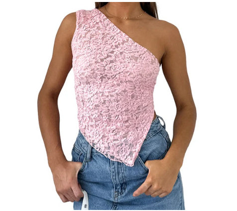 Lace Backless Asymmetrical Neck Top - Summer Streetwear Vest