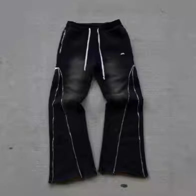 Retro Washed Casual Sports Pants with Zipper Details - High Street Style