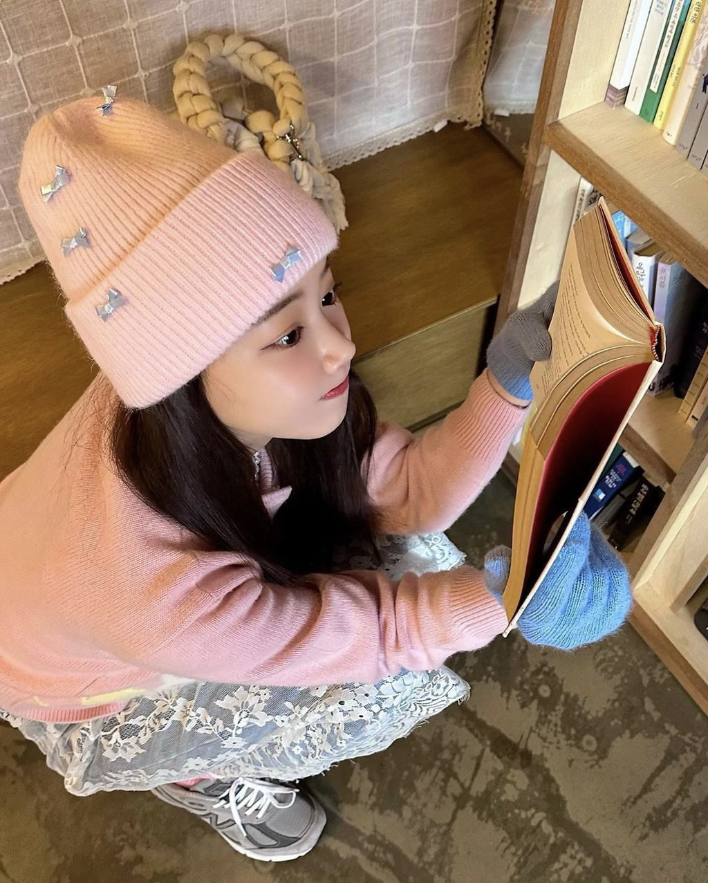 Women's Cute Bow Ribbon Rabbit Fur Knitted Hat