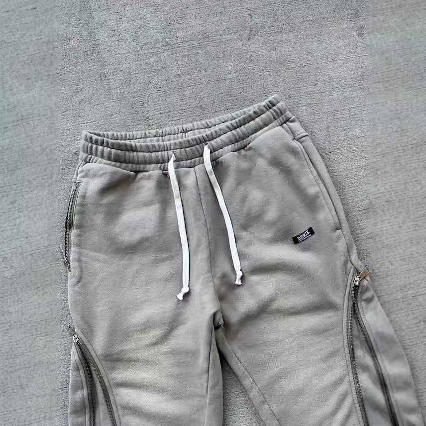 Retro Washed Casual Sports Pants with Zipper Details - High Street Style