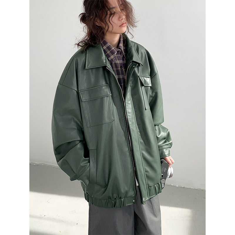 Japanese Loose Fit Leather Jacket - Men's Spring Autumn Casual Streetwear