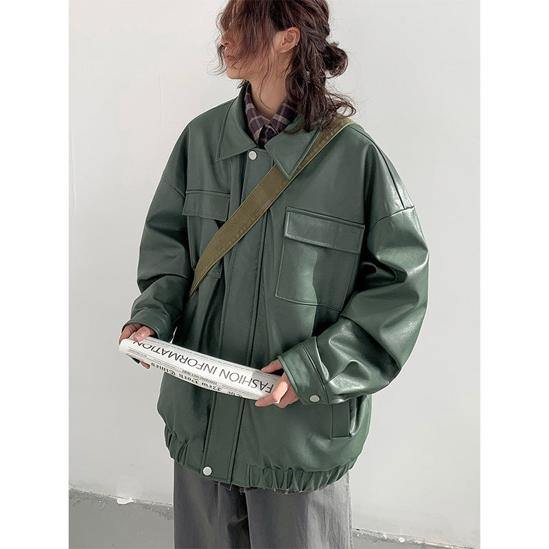 Japanese Loose Fit Leather Jacket - Men's Spring Autumn Casual Streetwear