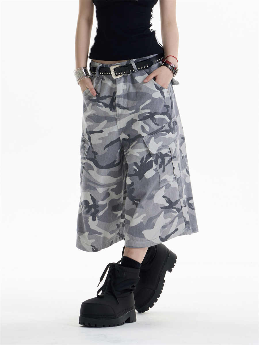 Retro Camouflage Workwear Cropped Pants For Women Wide-leg Casual Pants