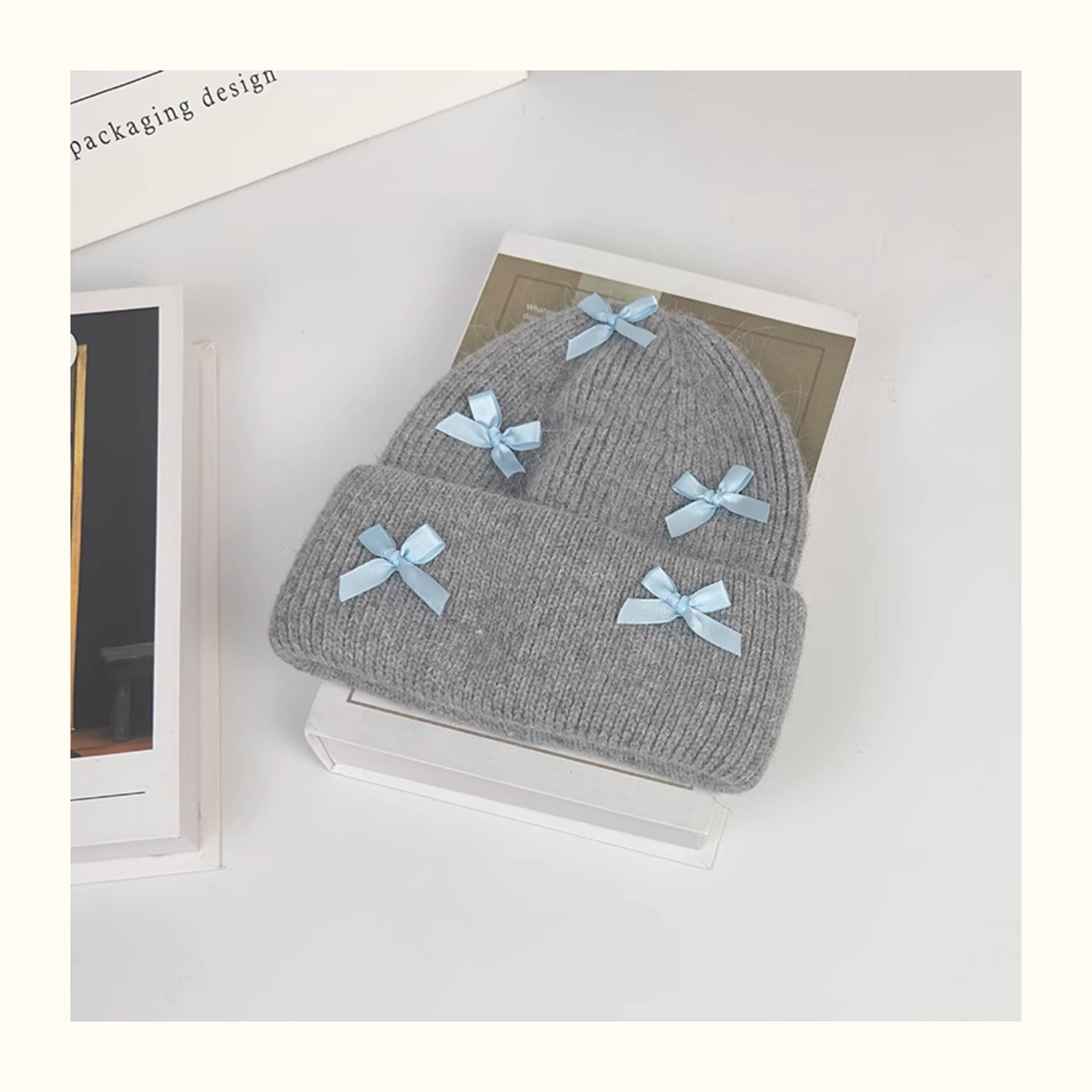 Women's Cute Bow Ribbon Rabbit Fur Knitted Hat