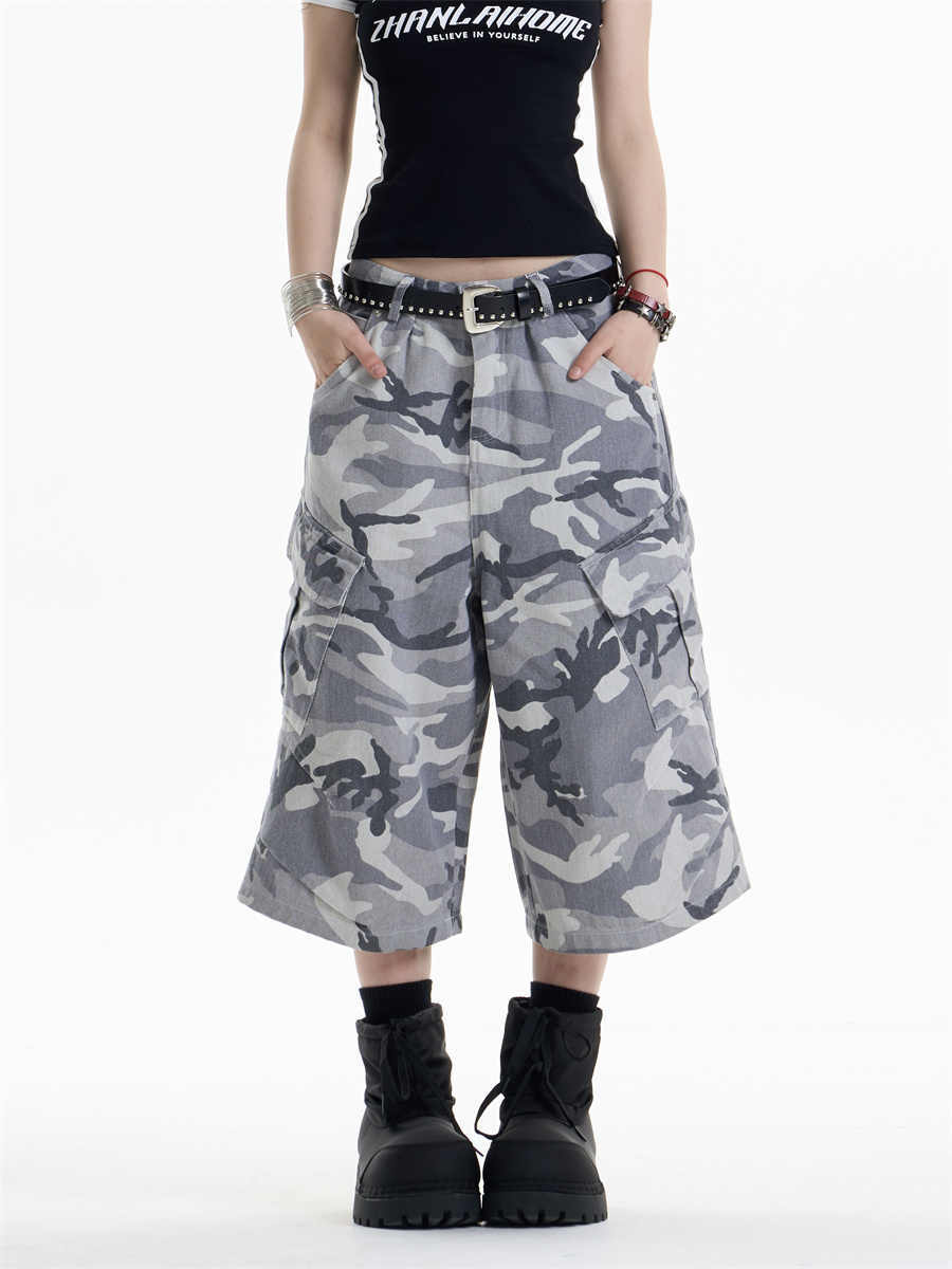 Retro Camouflage Workwear Cropped Pants For Women Wide-leg Casual Pants