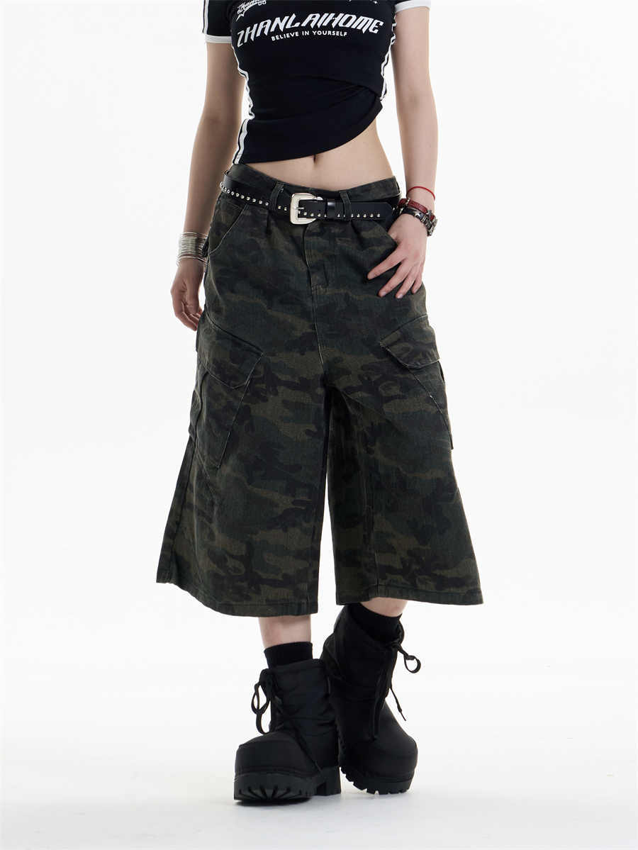 Retro Camouflage Workwear Cropped Pants For Women Wide-leg Casual Pants