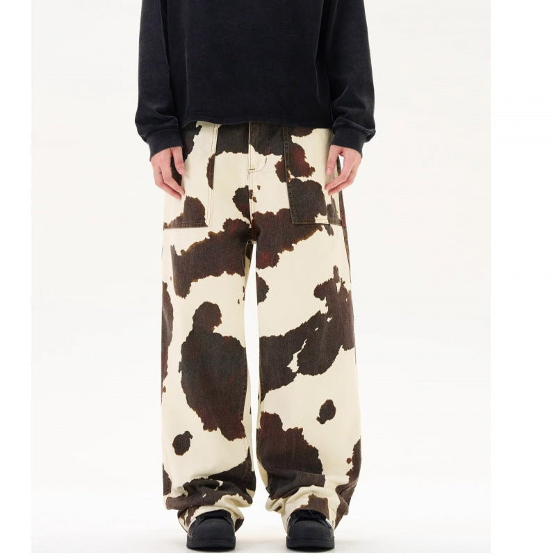 Men's Casual American Retro Cows Pattern Straight-leg Trousers