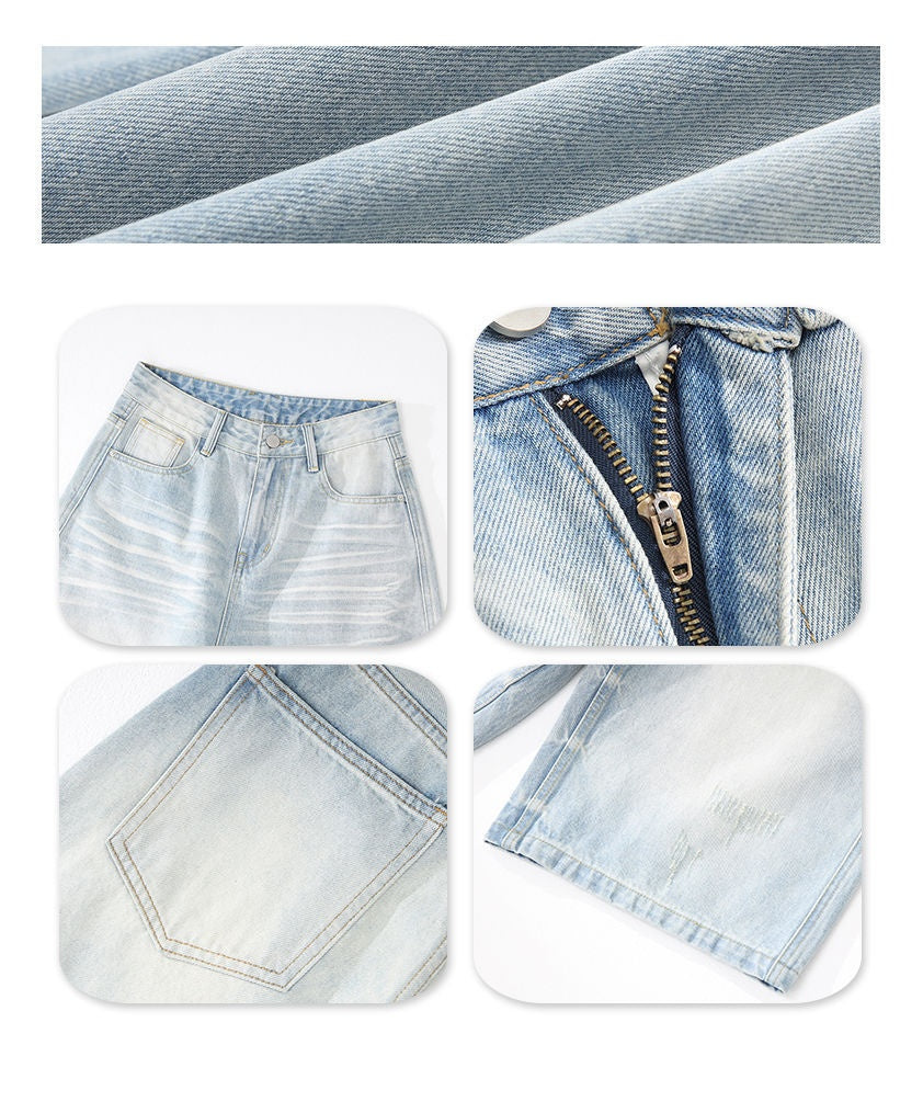 Women's Washed Light-colored Loose Wide-leg Cropped Denim Shorts